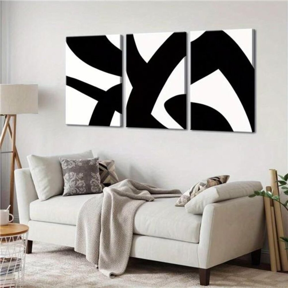 3pcs Framed Black And White Abstract Canvas Wall Art Modern Minimalist